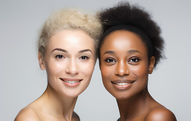 Women of different ages and skin types take care of their skin, apply moisturizer on white background