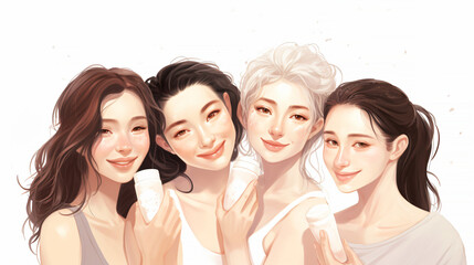 Women of different ages and skin types take care of their skin, apply moisturizer on white background