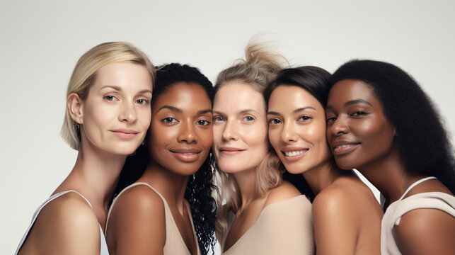 Women of different ages and skin types take care of their skin, apply moisturizer on white background
