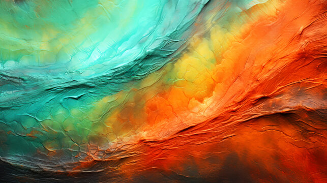 Colorful abstract art piece in the style of multilayered surfaces. Light teal and orange leather