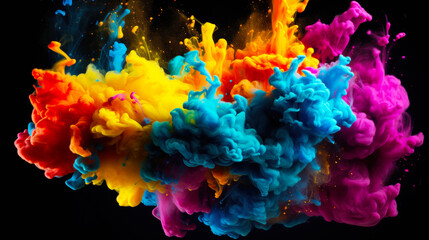 A colorful explosion of paint in a dark background. Splash of paint, colorful cloud.
