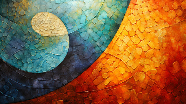 Painting has a circular pattern with a blue and orange color scheme and a fish scale-like texture