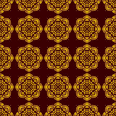 voluminous golden floral ornament on a maroon background. seamless brown embossed pattern. stencil. 3d. beautiful lace. print. template.