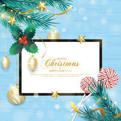 Merry christmas and happy new year poster template design with decorative christmas light.