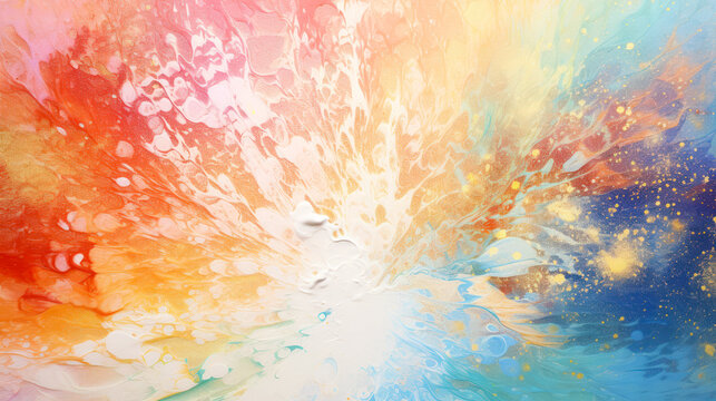 Orange blue canvas with multi-layer paint in the form of multi-colored fairy waves, energetic feel.