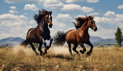 Obraz premium beautiful dark horses galloping across an open space, the concept of freedom, strength, power.