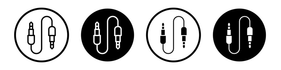 Audio Cable icon set. microphone jack cord vector symbol. guitar aux plug sign. music headphone wire sign in black filled and outlined style.