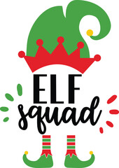 Christmas text design for T-shirts and apparel, holiday text on plain white background for shirt, hoodie, sweatshirt, card, tag, mug, icon, logo or badge, elf squad