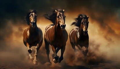 beautiful dark horses galloping across an open space, the concept of freedom, strength, power.