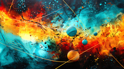 Dynamic abstract painting is a vibrant and dynamic composition of splashes of paint and lines.