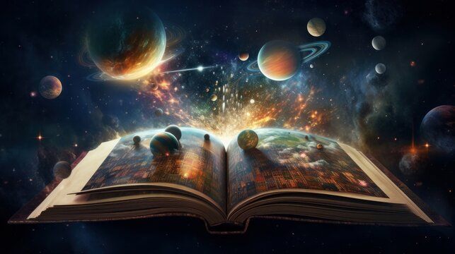 An awe-inspiring image depicting an opened magic book portraying planets and galaxies, illustrating the cosmic wonders of the universe. Elements of this captivating image have been provided by NASA.