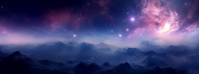 Naklejka premium Stunning view of a starry night sky with a pink nebula over a mountain range. Banner with copy space