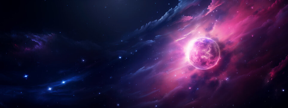 A beautiful image of the Milky Way with a bright star shining in the center. Banner with copy space
