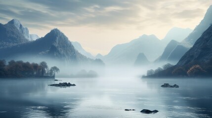 A surreal 3D-rendered illustration depicting a river weaving through mist-covered hills, creating an otherworldly scene of ethereal beauty.