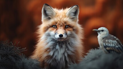 Fototapeta premium Close Up of Rescued Orange Fox with Gray Bird on Back in Autumn Forest
