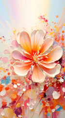 A vibrant digital art piece of a sakura flower with orange, red, and pink petals