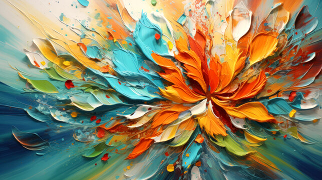 Abstract teal and orange painting of a flower is a vibrant explosion of color and texture.
