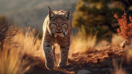 Majestic Bobcat Walking in Wild Landscape at Sunset