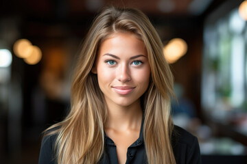 Fototapeta premium A woman with long blonde hair and green eyes smiles for the camera
