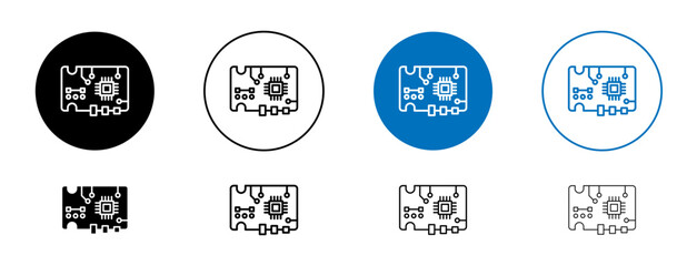 PCB line icon set. Circuit with semiconductor symbol in black and blue color.