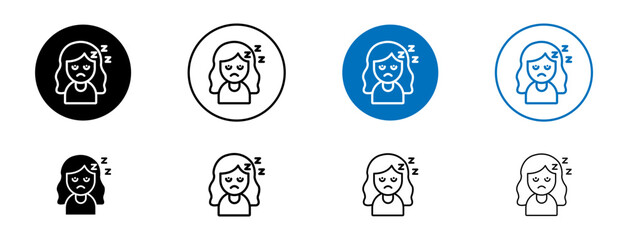 Can't fall asleep line icon set. Sleepless symbol. Insomnia sign. Asleep icon in black and blue color. - obrazy, fototapety, plakaty