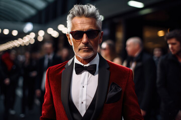 A man in a red suit and black bow tie - obrazy, fototapety, plakaty