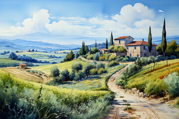 Painting watercolor of Tuscany, Italy landscape, Tuscany landscape with fields, meadows, cypress trees and houses on the hills, Italy landmark, Tuscany, Europe, generative ai - obrazy, fototapety, plakaty
