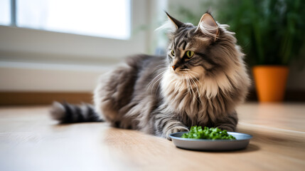 Naklejka premium Maine Coon Cat with Green Eyes Enjoying Meal at Home