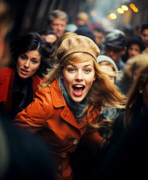 Happy young woman pushing through a crowd