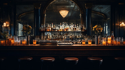 Fototapeta na wymiar Bar counter in a pub or restaurant. Dark interior with bar equipment.