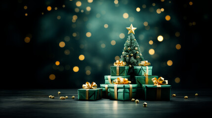 decorated Christmas tree, pile of gift boxes and copy space against the background of a dark green wall and bright holiday lights.