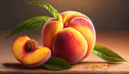 Fototapeta na wymiar Peaches with leaves product shoot