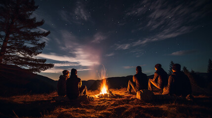 Group of friends sitting near bonfire in the mountains at night.