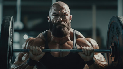 Fototapeta premium A man is lifting a barbell at the fitness center