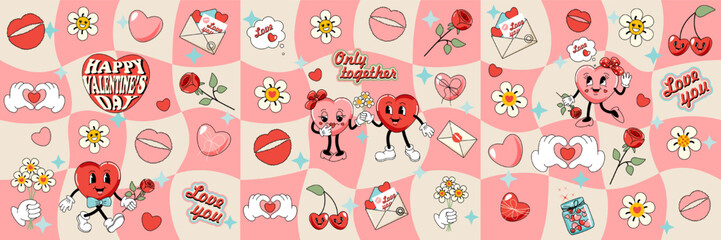 Happy Valentine's Day. Retro 60s, 70s banner. Seamless pattern, postcard, poster, cover