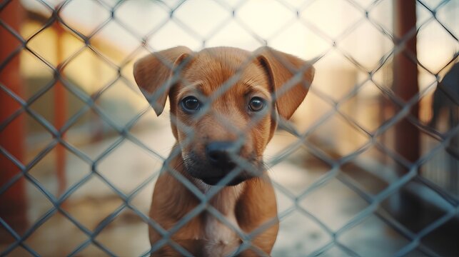 Hopeful Brown Puppy Behind Chain Link Fence at Animal Rescue Shelter