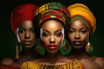 Three young african women in headdresses or turbans with colors of african flag on a green background, for woman's day or black history month, juneteenth, keti koti or remembrance abolition.