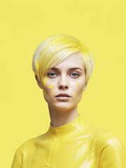 ritratto primo piano di giovane donna dai capelli corti biondo platino imbrattata di vernice gialla, sfondo giallo, ritratto artistico