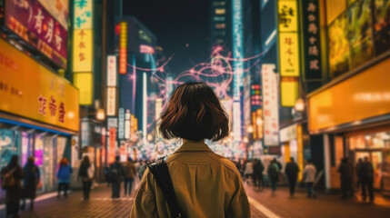 Obraz premium A woman at Shibuya Street at Night