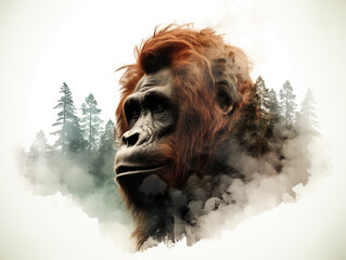 A Double Exposure Style Silhouette of an Orangutan with a Forest Background