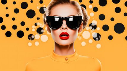 Femme blonde avec des lunettes de soleil sur fond jaune avec des ronds - obrazy, fototapety, plakaty