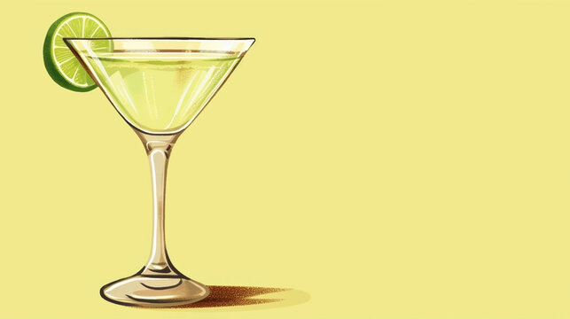 copy space, simple vector illustration, hand drawn, Margarita cocktail with lime in glass. Beautiful background for national Margarita day. Happy Margarita day! Background for bar or restaurant.