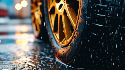 Close-up of a car tire driving through a puddle of water - obrazy, fototapety, plakaty