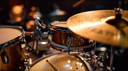 A modern drum set on stage for a concert - obrazy, fototapety, plakaty