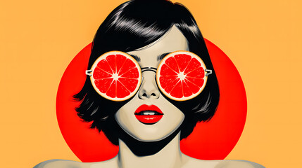 Portrait d'une femme brune avec des rondelles d'orange sur les yeux - obrazy, fototapety, plakaty