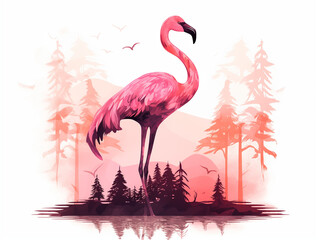 A Double Exposure Style Silhouette of a Flamingo with a Forest Background