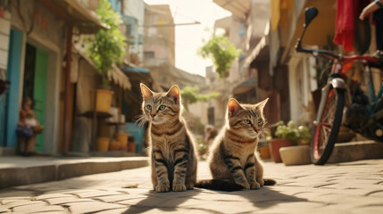 Cats were running around playfully on the street