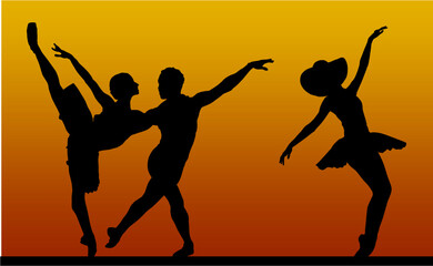 silueta, gente, baile, vector, atardecer, mujer, brincar, danza