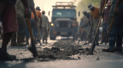 A brigade of workers is working on a road-building project