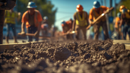 A brigade of workers is working on a road-building project